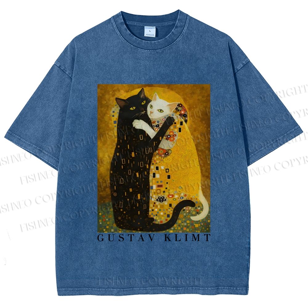 Unisex Cats in Klimt Art Printed Washed Tee