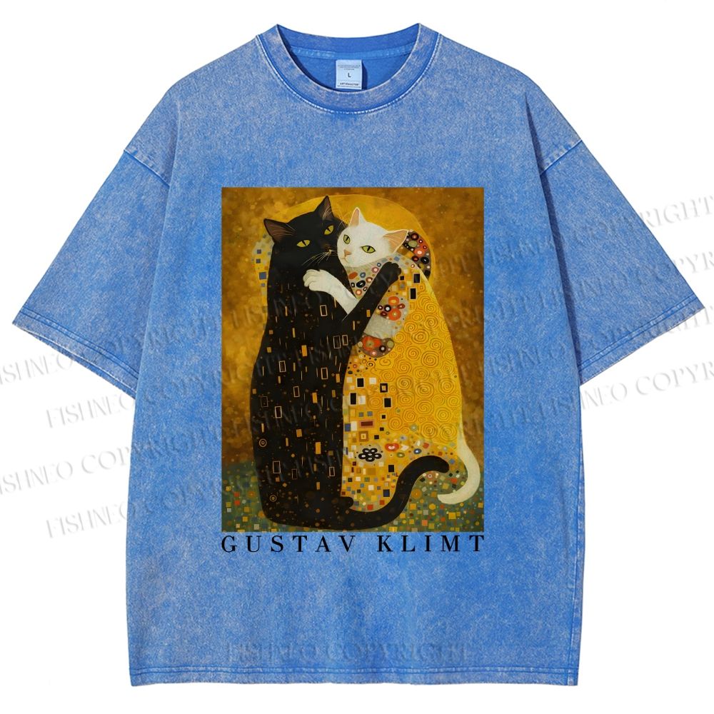Unisex Cats in Klimt Art Printed Washed Tee