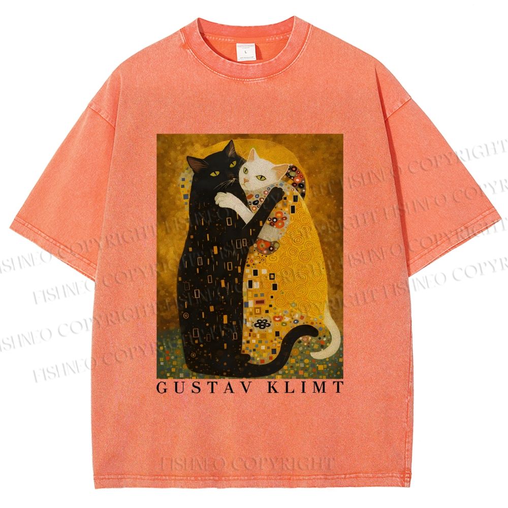Unisex Cats in Klimt Art Printed Washed Tee