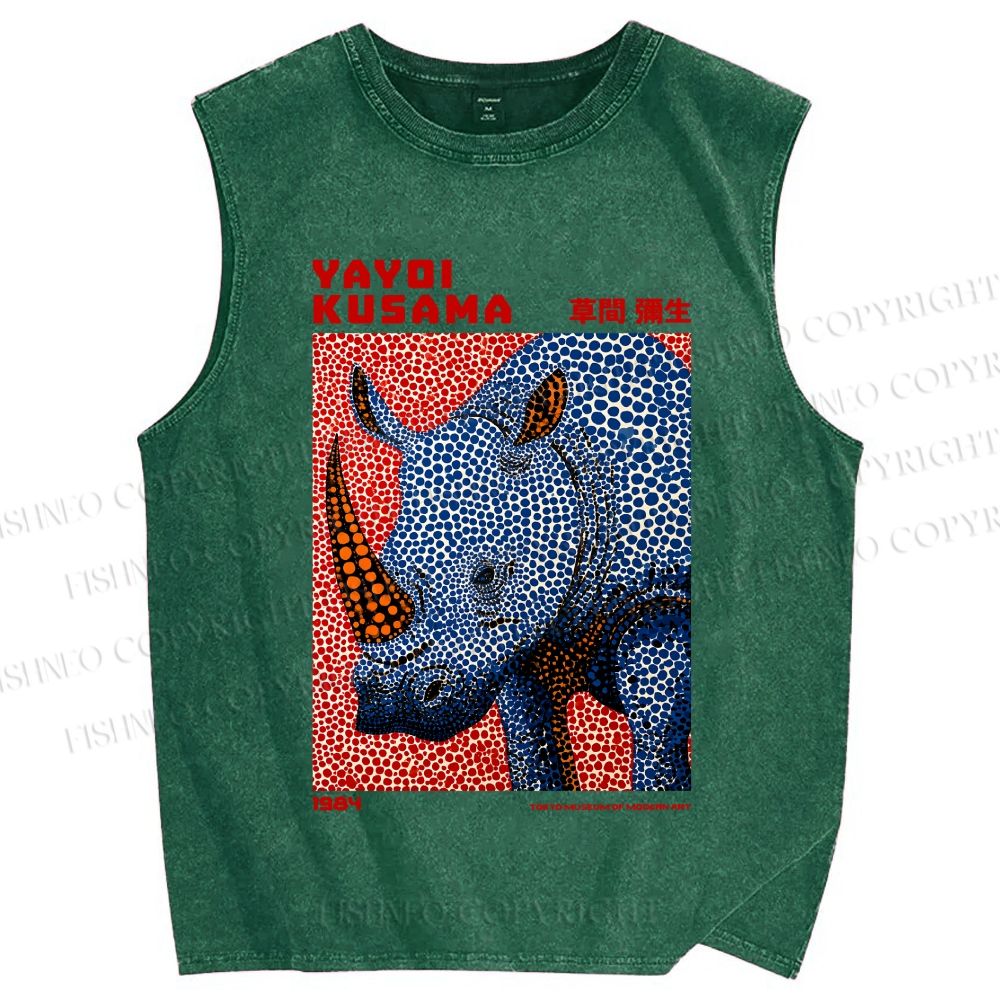 Unisex Yayoi Kusama Blue Rhino Printed Washed Tank Top