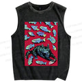 Unisex Cat Catching Fish Printed Washed Tank Top