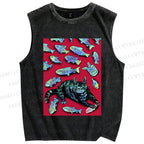 Unisex Cat Catching Fish Printed Washed Tank Top