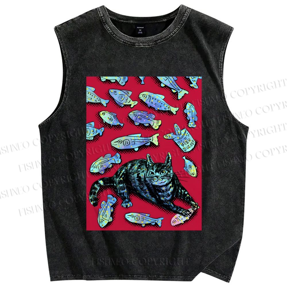 Unisex Cat Catching Fish Printed Washed Tank Top