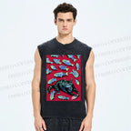 Unisex Cat Catching Fish Printed Washed Tank Top