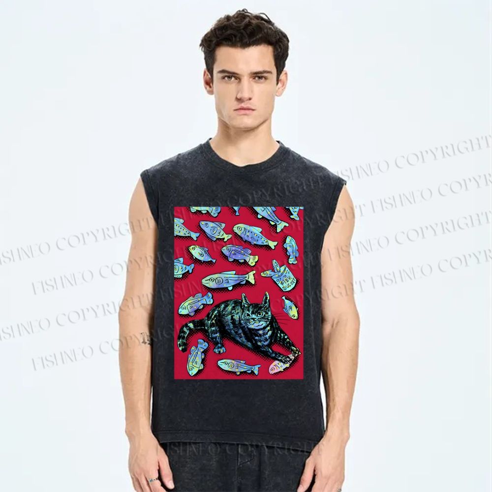 Unisex Cat Catching Fish Printed Washed Tank Top