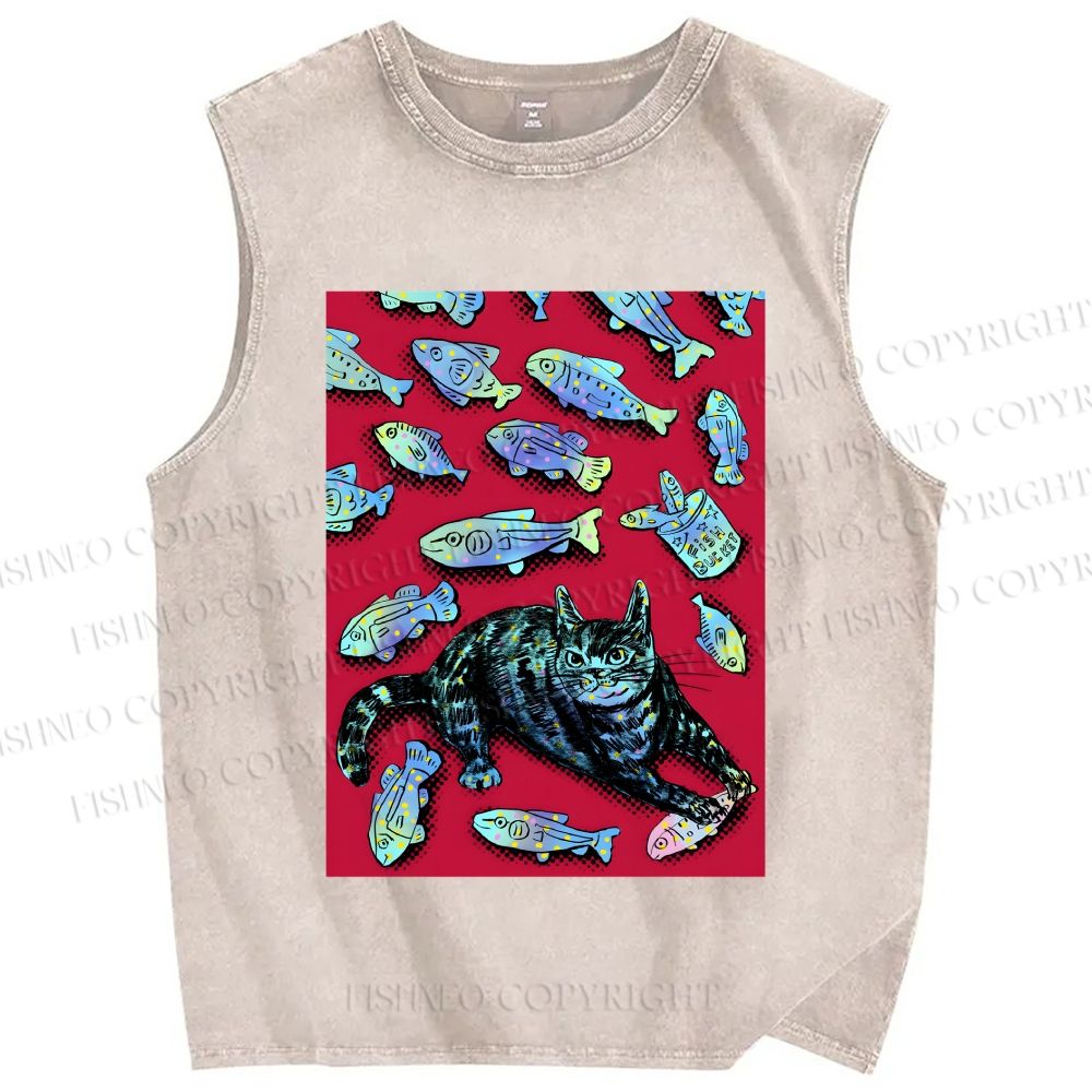 Unisex Cat Catching Fish Printed Washed Tank Top
