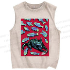 Unisex Cat Catching Fish Printed Washed Tank Top