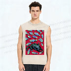 Unisex Cat Catching Fish Printed Washed Tank Top