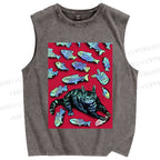 Unisex Cat Catching Fish Printed Washed Tank Top