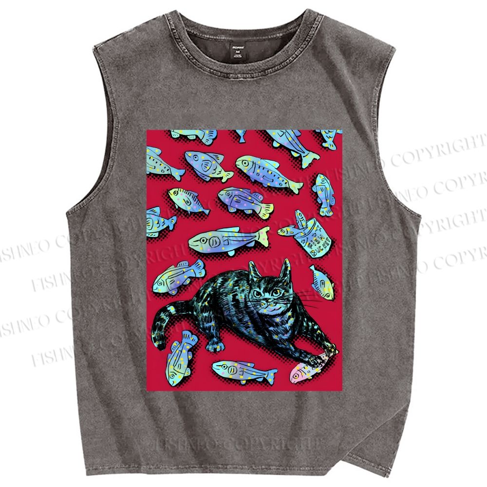 Unisex Cat Catching Fish Printed Washed Tank Top