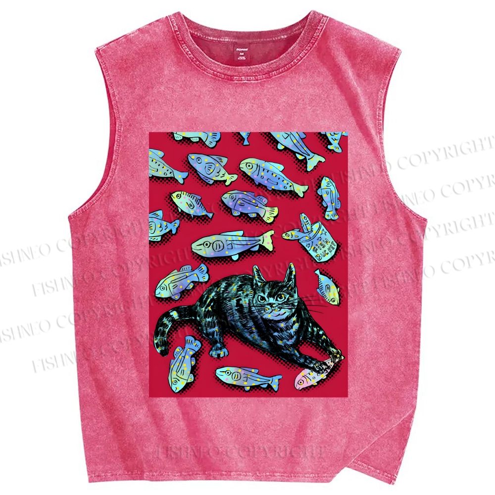 Unisex Cat Catching Fish Printed Washed Tank Top