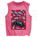 Unisex Cat Catching Fish Printed Washed Tank Top