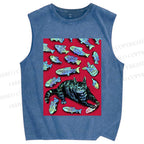 Unisex Cat Catching Fish Printed Washed Tank Top
