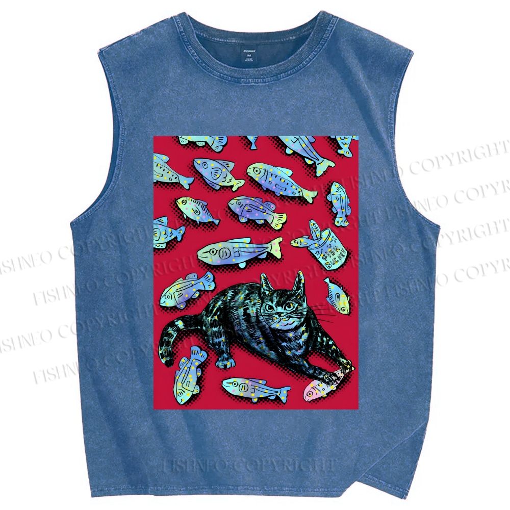 Unisex Cat Catching Fish Printed Washed Tank Top