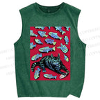 Unisex Cat Catching Fish Printed Washed Tank Top