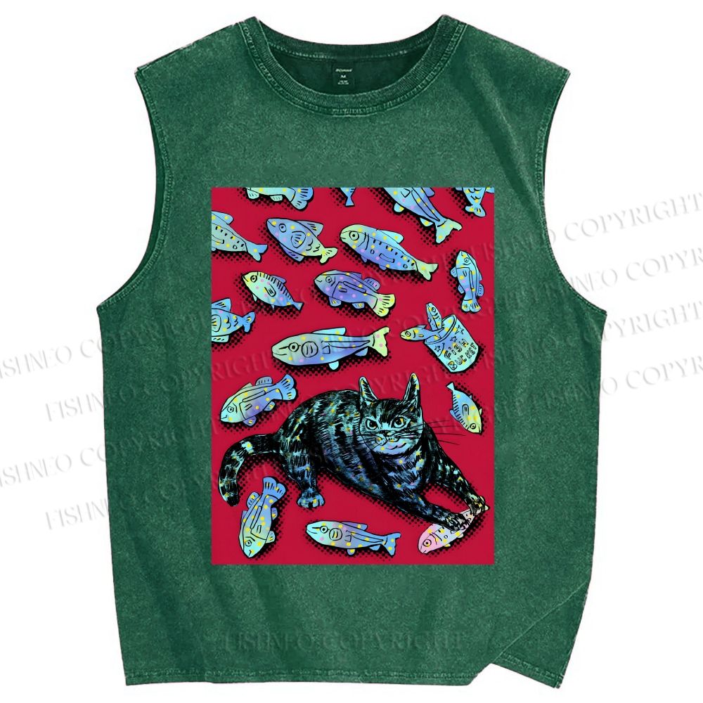 Unisex Cat Catching Fish Printed Washed Tank Top