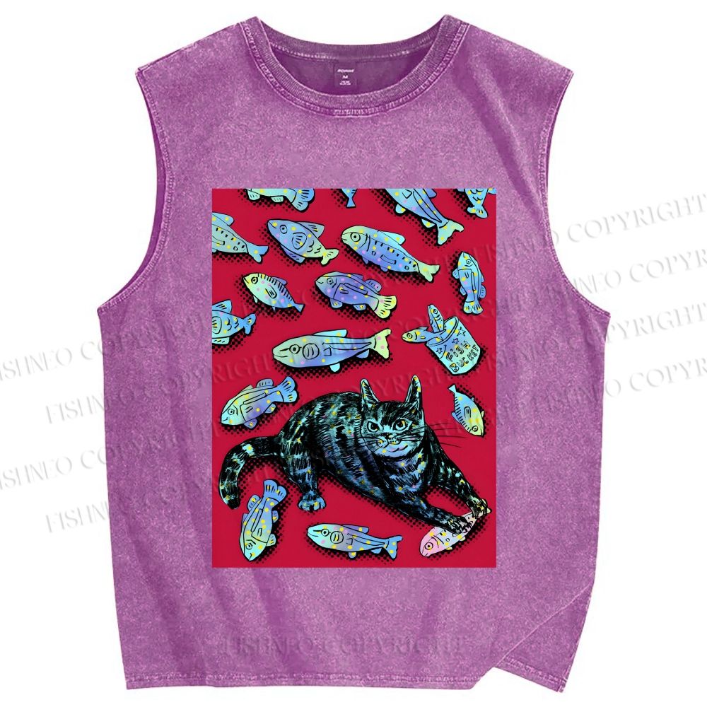 Unisex Cat Catching Fish Printed Washed Tank Top