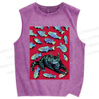 Unisex Cat Catching Fish Printed Washed Tank Top