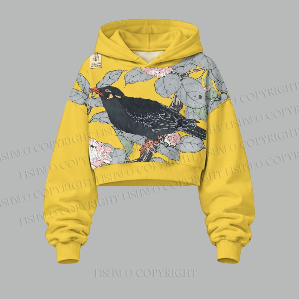 Vintage Bird in Flowers Cropped Long Sleeve Hoodie & High Waist Jogger Pants Two Piece Tracksuit Set