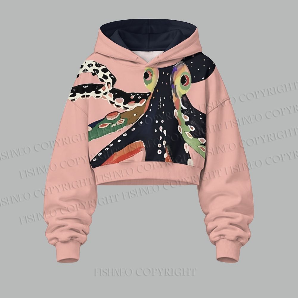 Octopus Cropped Long Sleeve Hoodie & High Waist Jogger Pants Two Piece Tracksuit Set