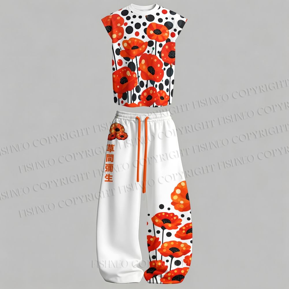 Men's Japanese Yayoi Kusama Flower Sleeveless Tank Top & Elasticated Trousers pants Two-Piece