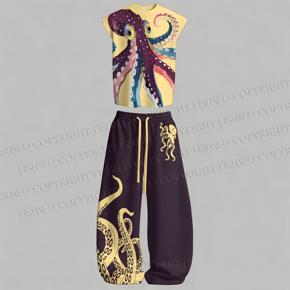 Men's Octopus Art Sleeveless Tank Top & Elasticated Trousers pants Two-Piece Streetwear Set