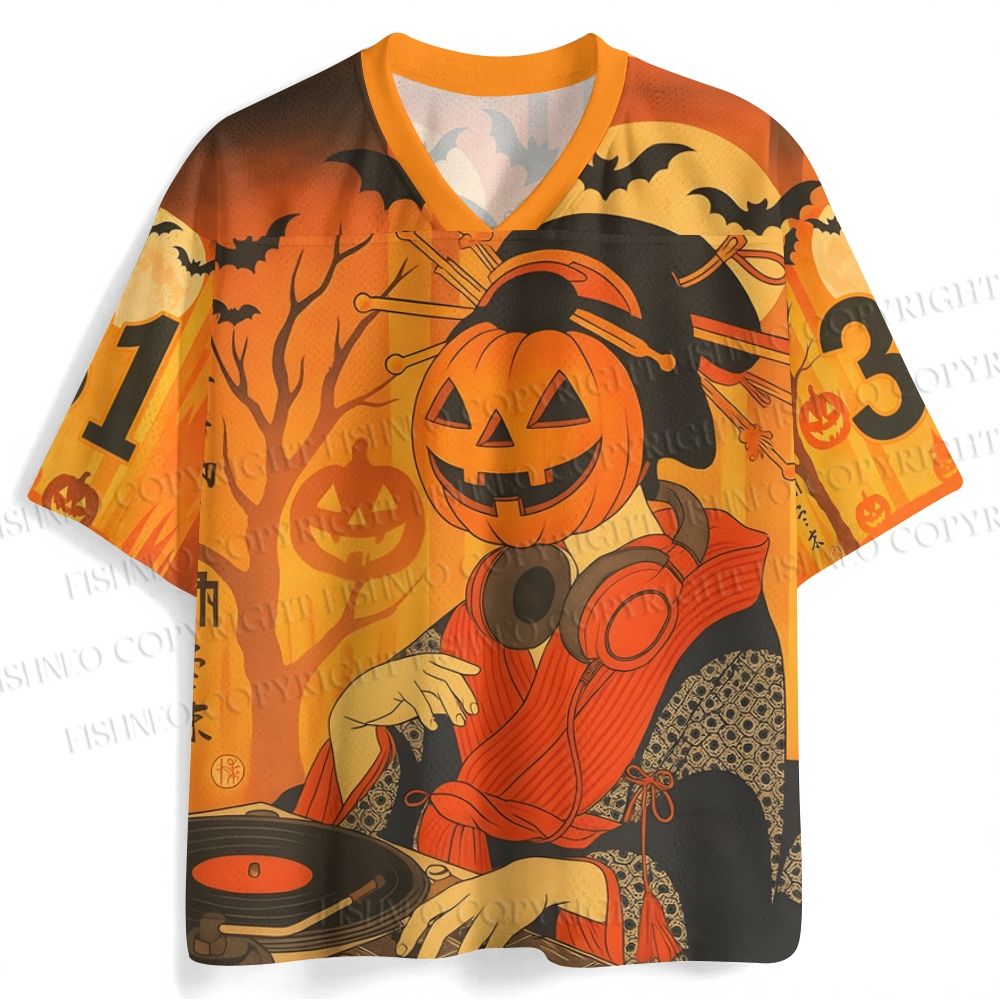 Halloween Wearing Pumpkin Mask Geisha Jersey Shirts