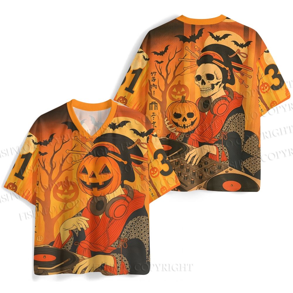 Halloween Wearing Pumpkin Mask Geisha Jersey Shirts