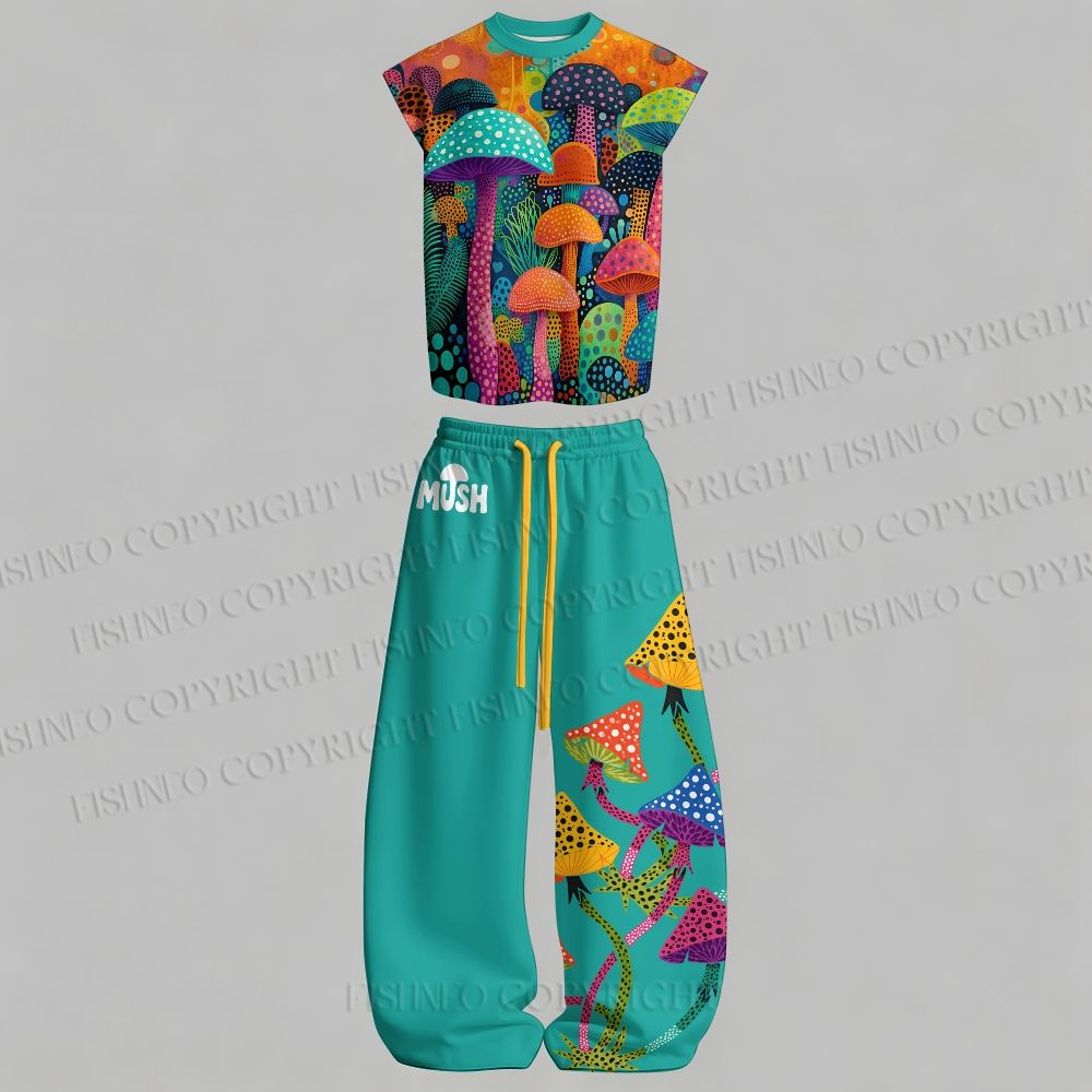 Men's Yayoi Kusama Multicolor Mushroom Sleeveless Tank Top & Elasticated Trousers pants Two-Piece Streetwear Set