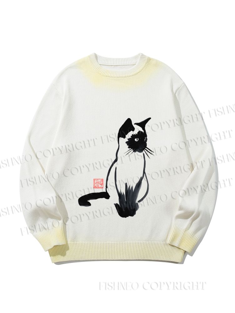 Unisex Sumi e ink Siamese Cat Gradient Casual sweater