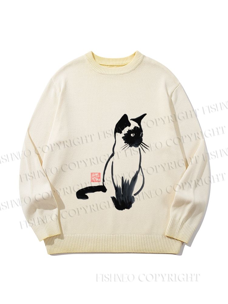 Unisex Sumi e ink Siamese Cat Gradient Casual sweater