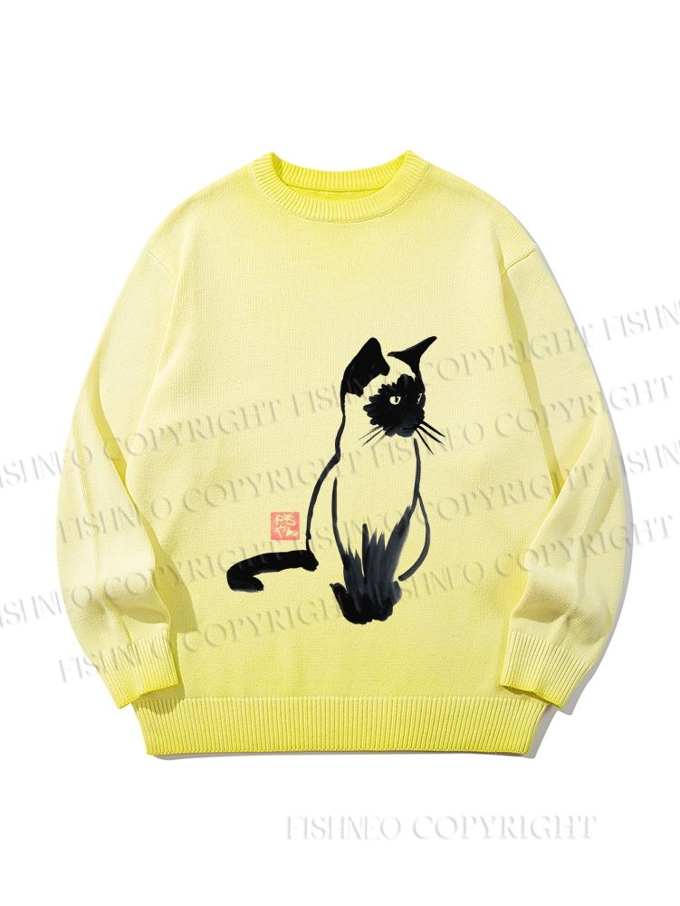 Unisex Sumi e ink Siamese Cat Gradient Casual sweater