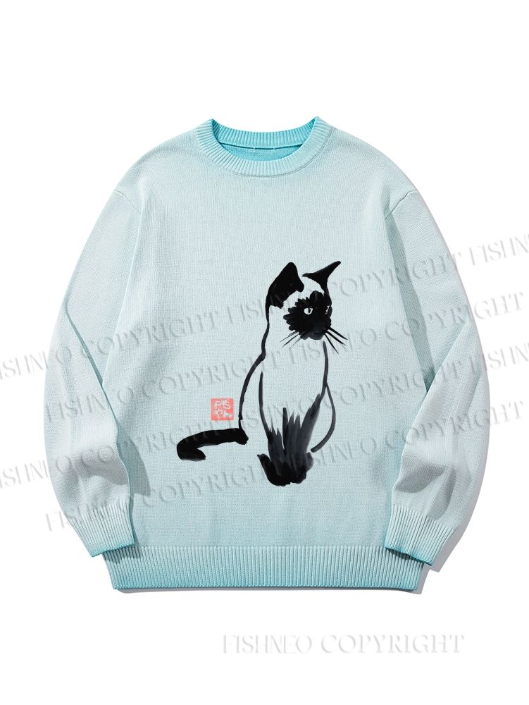 Unisex Sumi e ink Siamese Cat Gradient Casual sweater