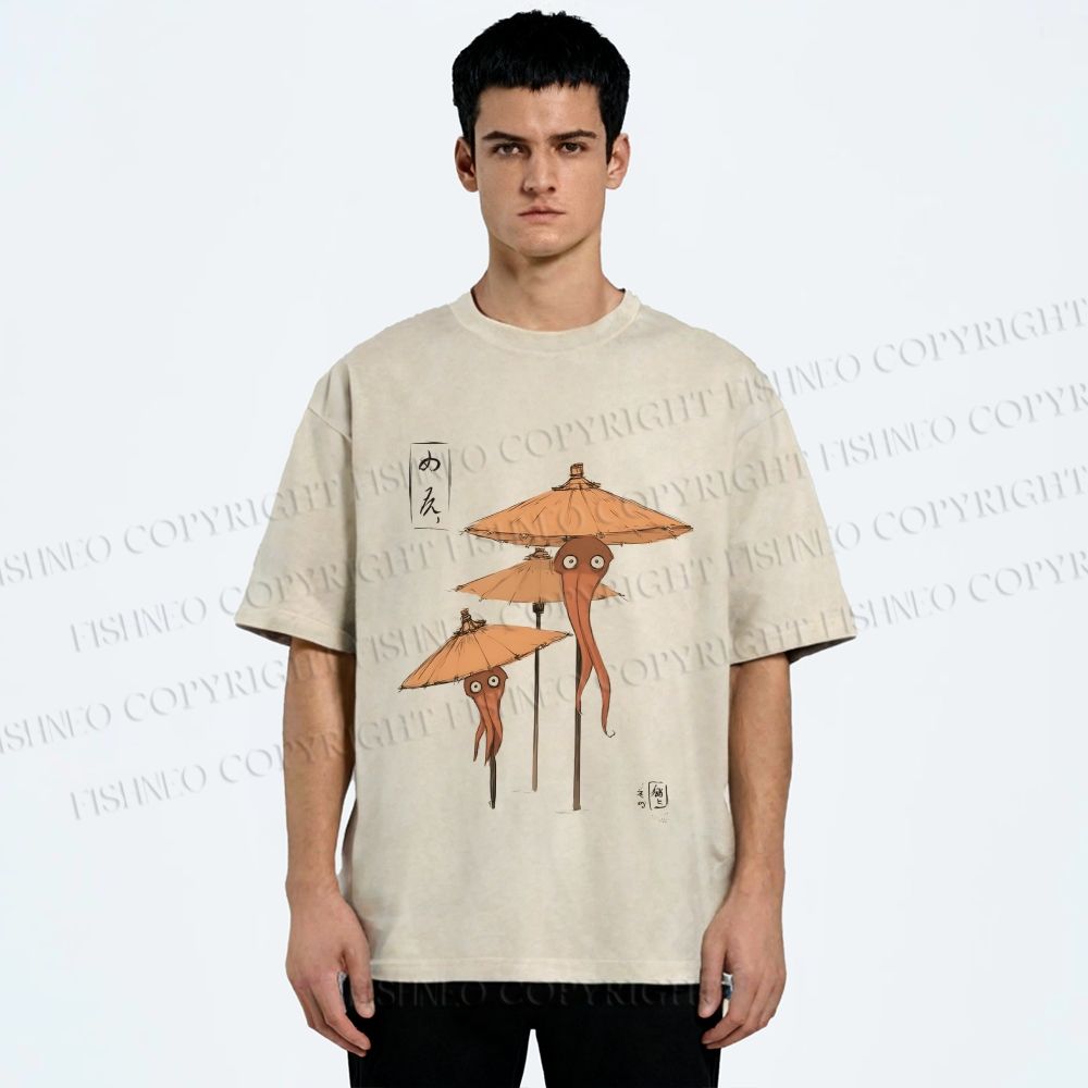 Unisex Umbrella Yokai Printed Washed Tee
