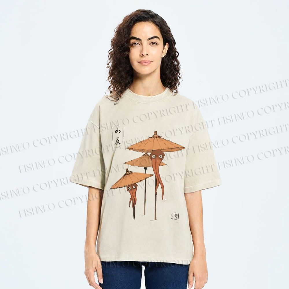 Unisex Umbrella Yokai Printed Washed Tee