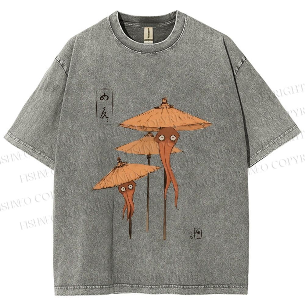 Unisex Umbrella Yokai Printed Washed Tee