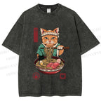 Unisex Ramen Cat Printed Washed Tee