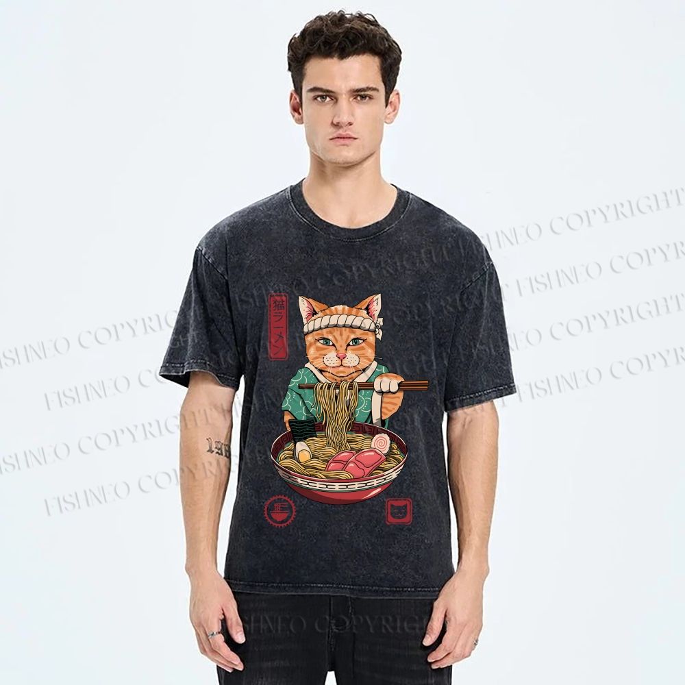 Unisex Ramen Cat Printed Washed Tee