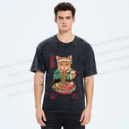 Unisex Ramen Cat Printed Washed Tee