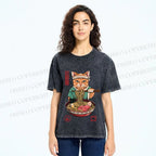 Unisex Ramen Cat Printed Washed Tee