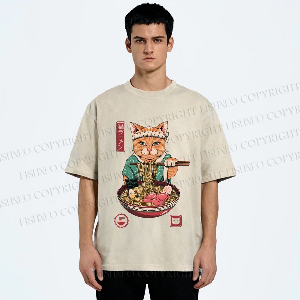 Unisex Ramen Cat Printed Washed Tee
