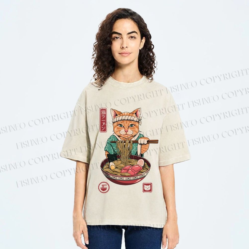 Unisex Ramen Cat Printed Washed Tee