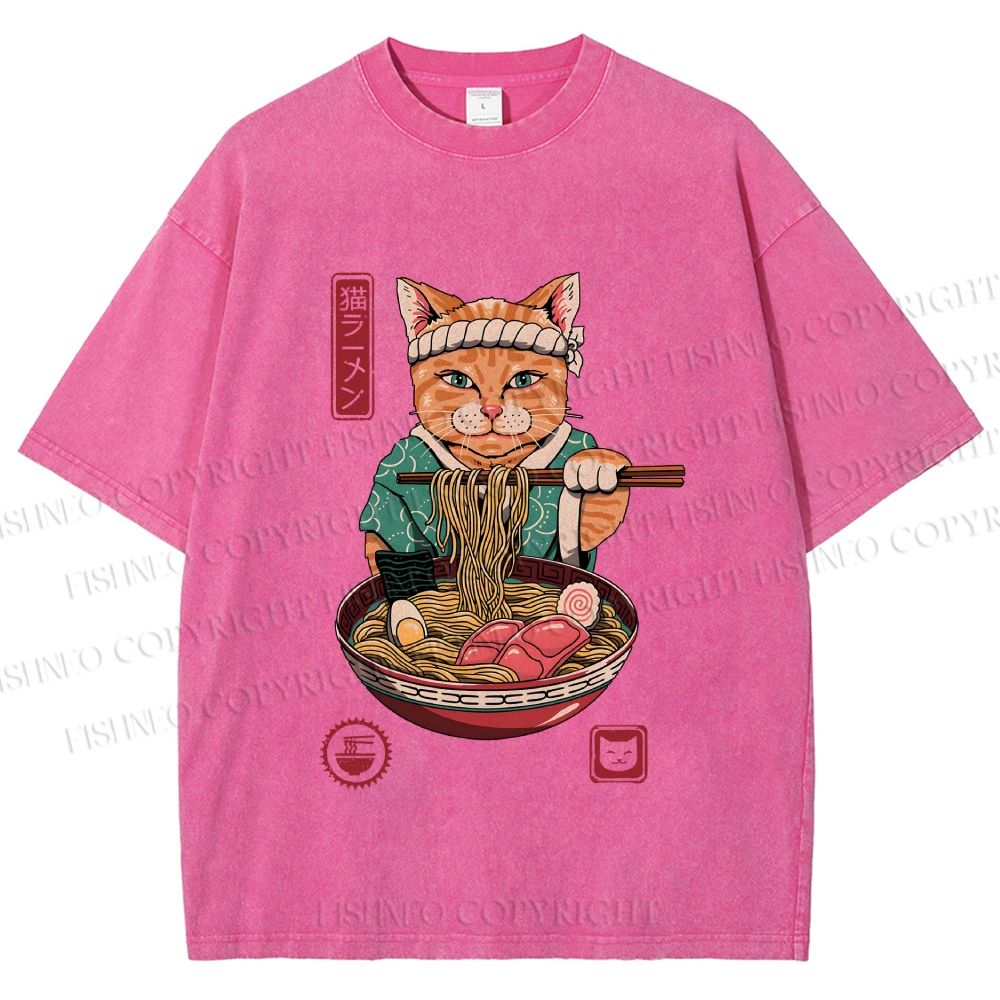Unisex Ramen Cat Printed Washed Tee