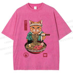 Unisex Ramen Cat Printed Washed Tee