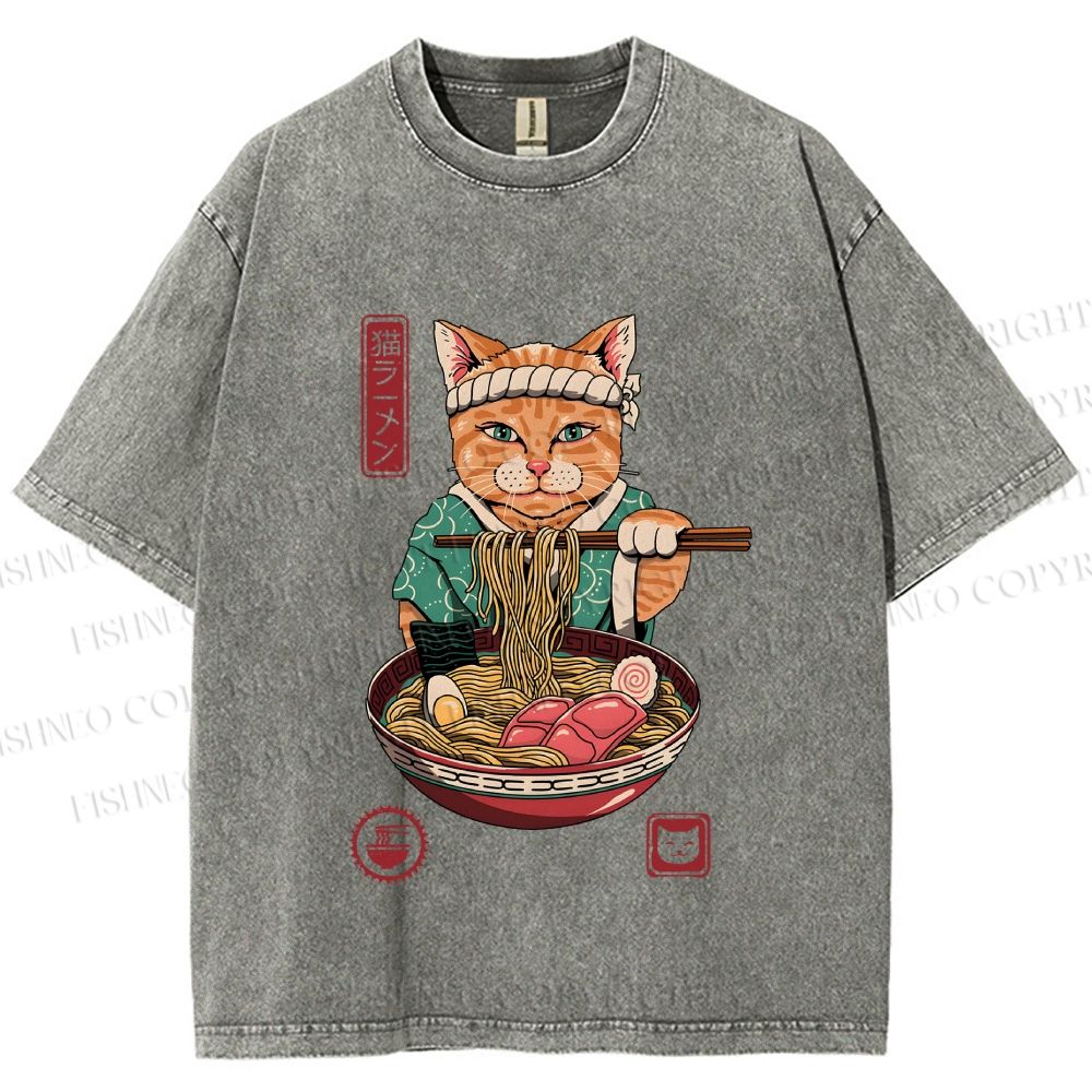 Unisex Ramen Cat Printed Washed Tee
