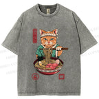 Unisex Ramen Cat Printed Washed Tee
