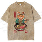 Unisex Ramen Cat Printed Washed Tee