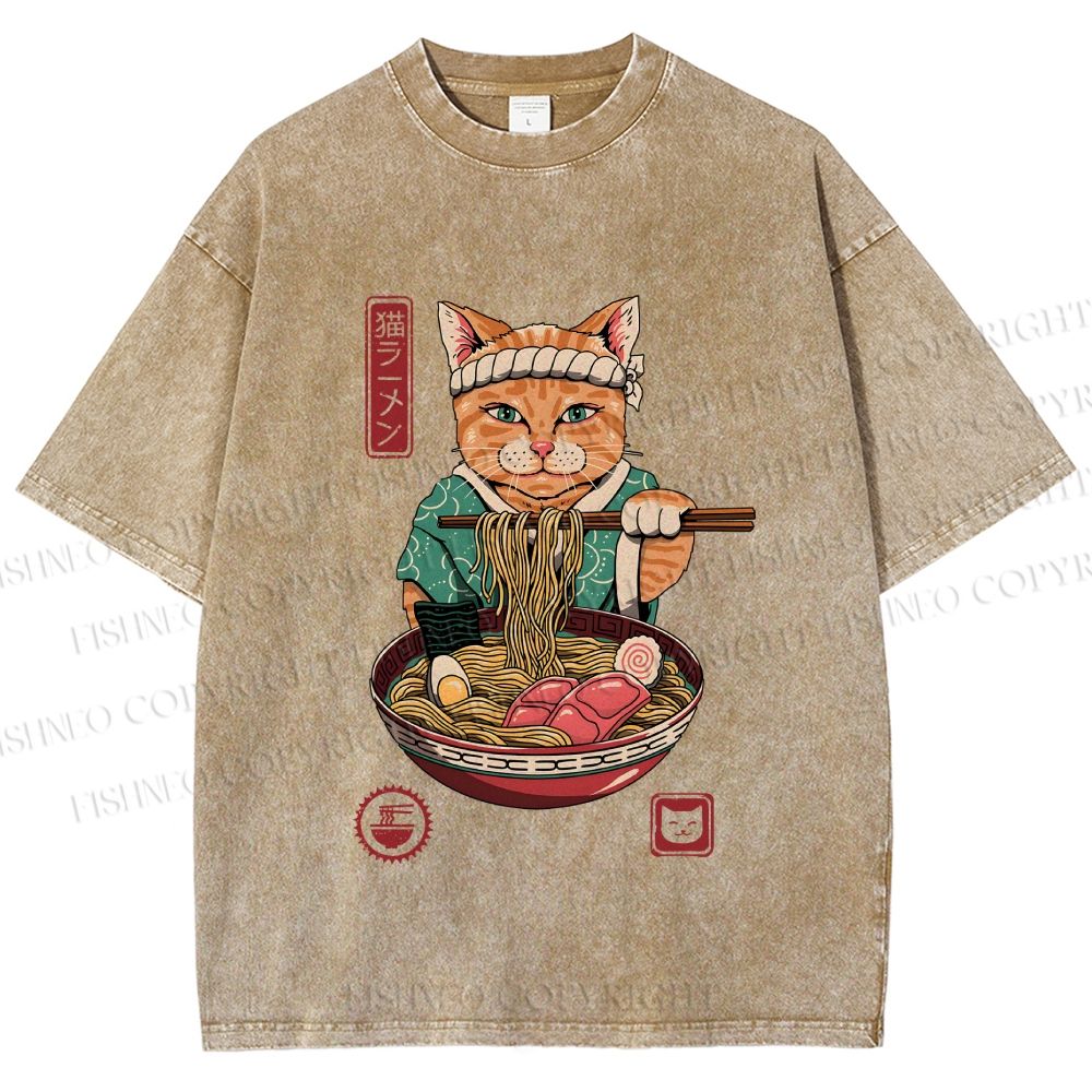 Unisex Ramen Cat Printed Washed Tee