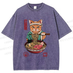Unisex Ramen Cat Printed Washed Tee