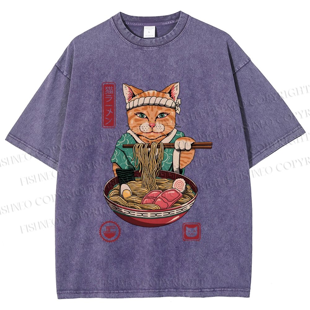Unisex Ramen Cat Printed Washed Tee